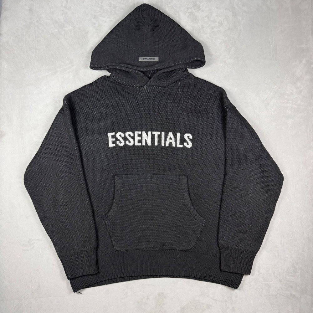 Modern Mens Fear of God Essentials Knit Logo Pullover Hoodie Black Large